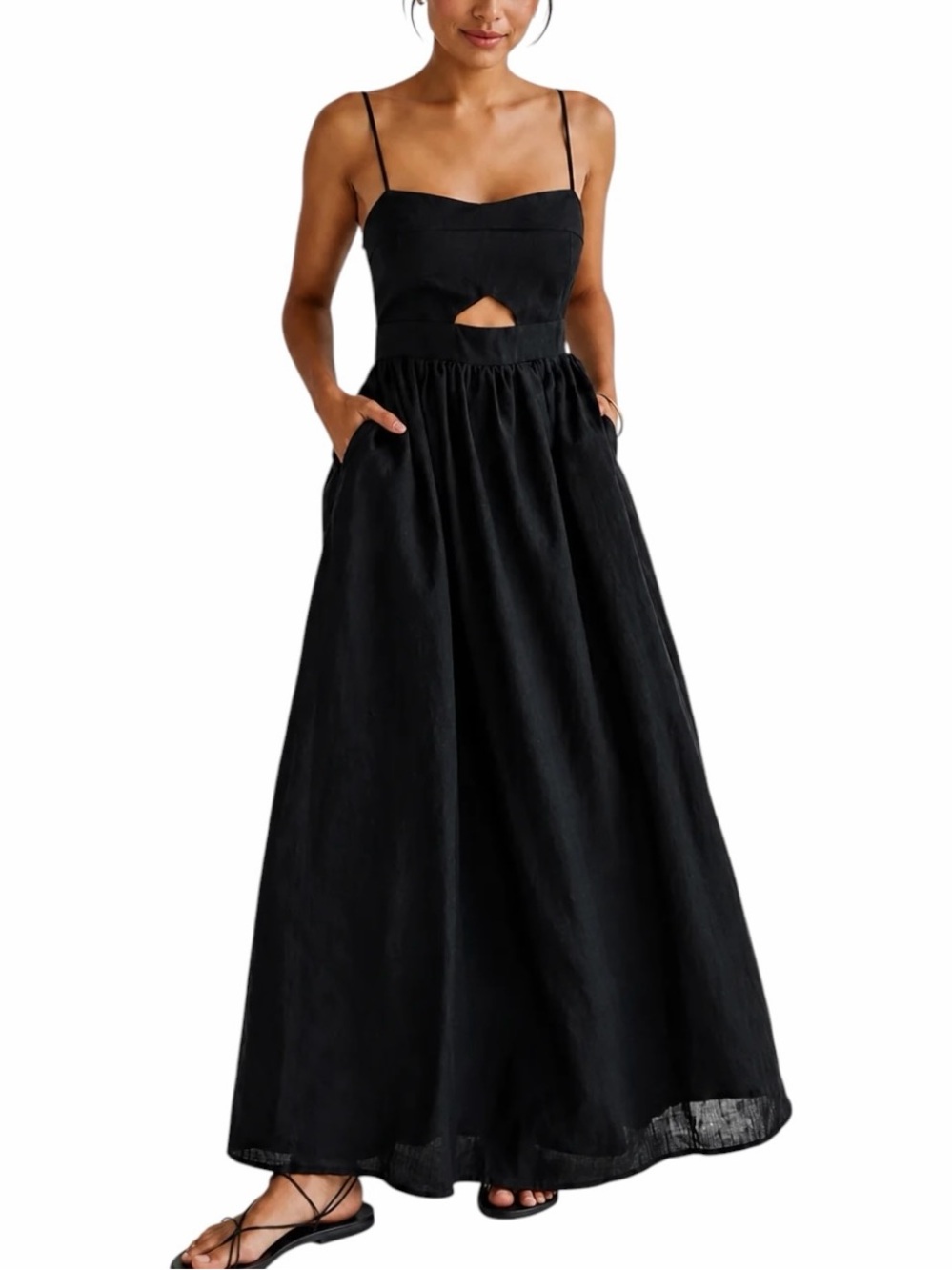 Commense Black 100% Cotton Cutout Maxi Dress Medium NWT Pockets Slit